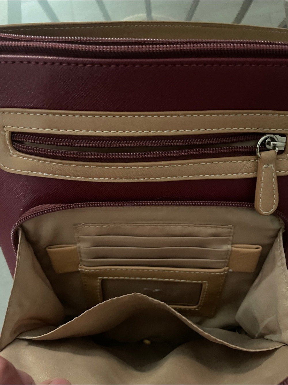 Kim Rogers Burgundy Crossbody with Tan Trim - Picture 3 of 3